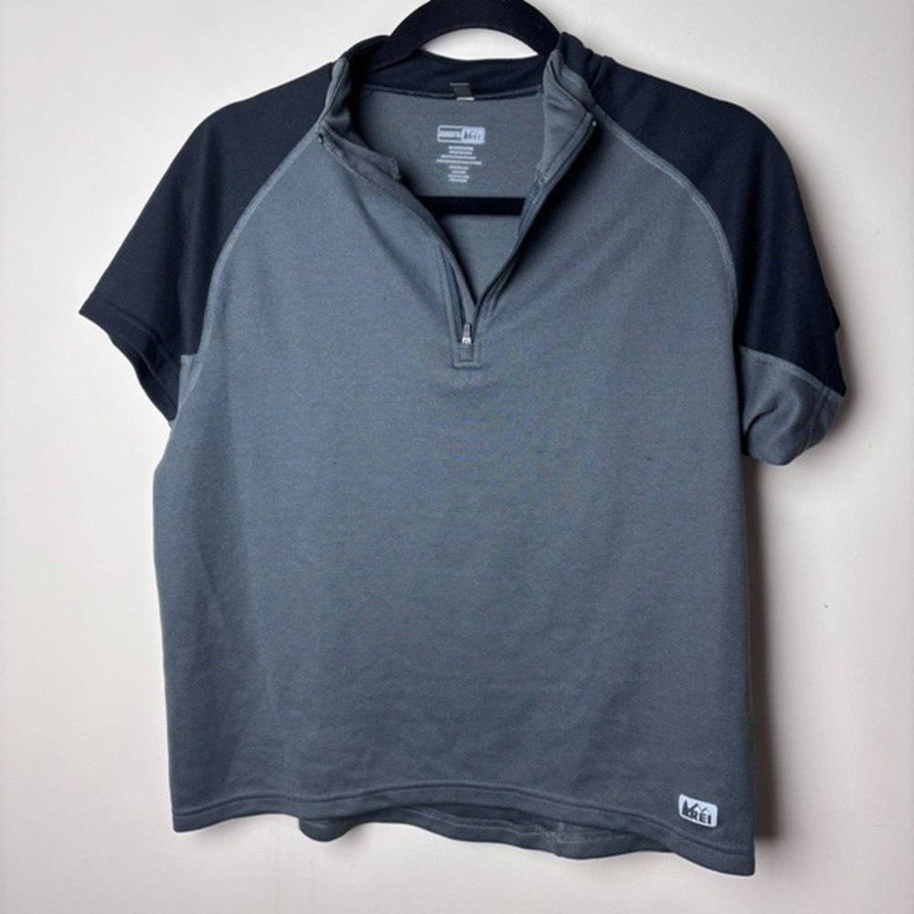 Mens REI S Polo Shirt Gray Black Colorblock Pullover Quarter Zip Short Sleeve